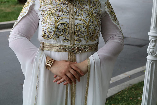 Marwa Fashion Women’s Muslim White Color Kaftan / Caftan -Algerian Dress Arabic Islamic Moroccan X-Large Size Dress with Embroidery - خليجي/ للبنات / نساء / عربي/ فستان سهرة / قفطان مغربي