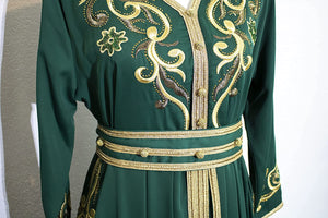 Marwa Fashion Women’s Muslim Green Color Kaftan/Caftan - Arabic Islamic Moroccan X-Large Size Dress with Embroidery - خليجي/للبنات/نساء/عربي/فستان سهرة/