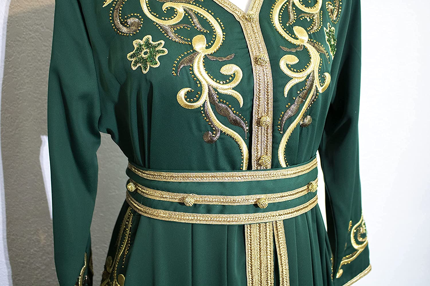 Marwa Fashion Women’s Muslim Green Color Kaftan/Caftan - Arabic Islamic Moroccan X-Large Size Dress with Embroidery - خليجي/للبنات/نساء/عربي/فستان سهرة/