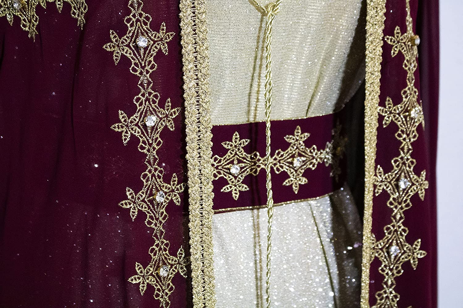 Marwa Fashion Women’s Muslim Burgundy and Gold Color Kaftan/Caftan - Arabic Islamic Moroccan Medium Size Dress with Embroidery