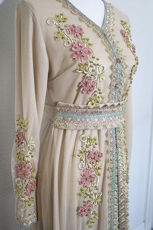 Marwa Fashion Women’s Muslim Beige Color Kaftan/Caftan - Arabic Islamic Moroccan X-Large Size Dress with Embroidery - خليجي/للبنات/نساء/عربي/فستان سهرة/قفطان مغربي