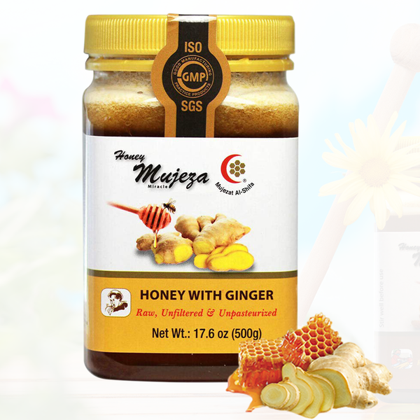 Organic Mujeza Black Seed Honey Infused with Ginger (500 g Jar) - عسل حبة البركة ( الحبة السوداء ) مع الزنجبيل - Mujeza Honey