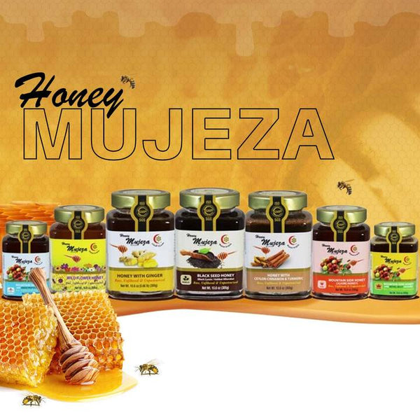 Mujeza Honey Store - range of honey products  and tastes available for you - Wildflower Honey - Black Seed honey - Mountain Sidr Honey 