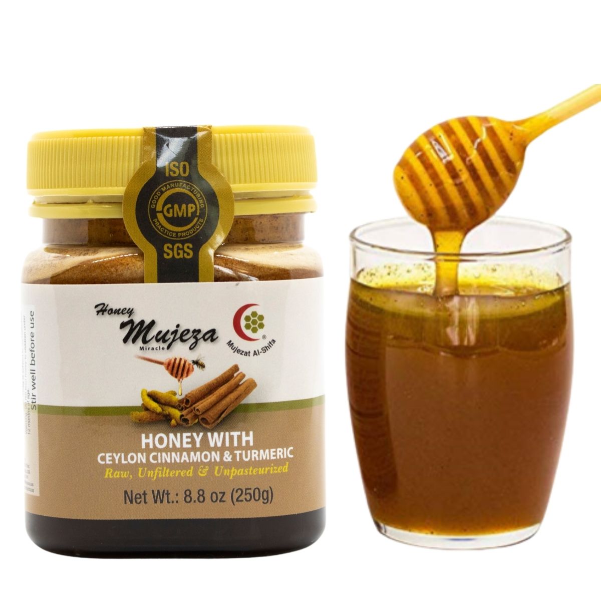 Wildflower Honey with Ceylon Cinnamon and Turmeric (250 g) - عسل الزهور البرية مع القرفة والكمون - Mujeza Honey