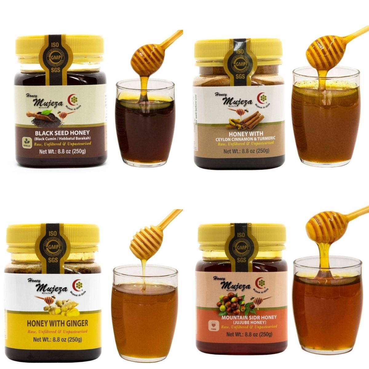 Pack of 4 Jars (Black Seed + Mountain Sidr + Ginger + Cinnamon & Turmeric ) Each Jar 250g  - Mujeza Honey