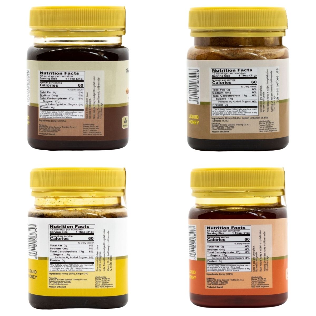 Ingredients of Pack of 4 Jars (Black Seed + Mountain Sidr + Ginger + Cinnamon & Turmeric) Each Jar 250g  - Mujeza Honey