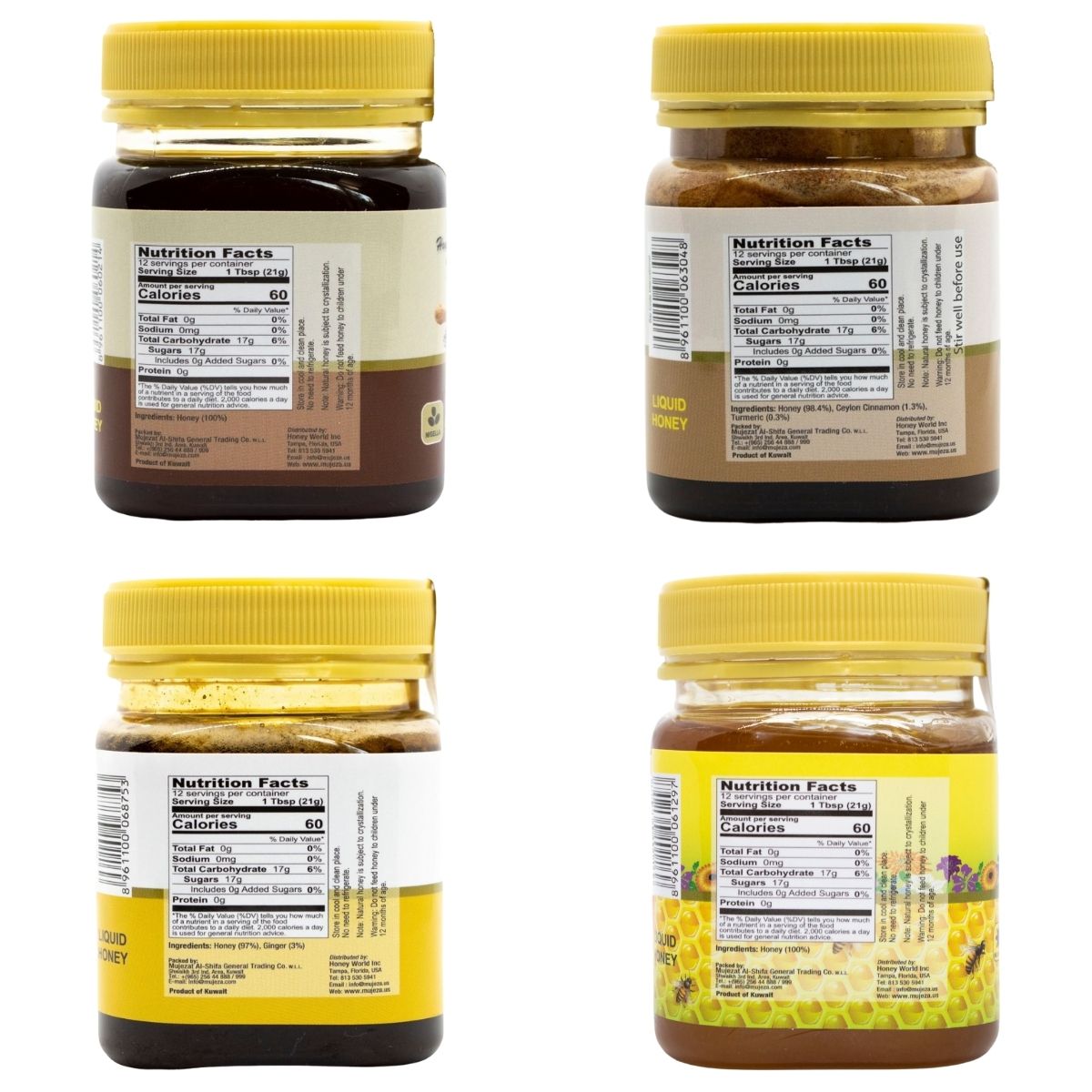Ingredients of Pack of 4 (Black Seed + Ginger + Wildflower + Cinnamon & Turmeric) عسل حبة البركة - عسل الحبة السوداء - الزهور البرية - القرفة والكركم - Mujeza Honey
