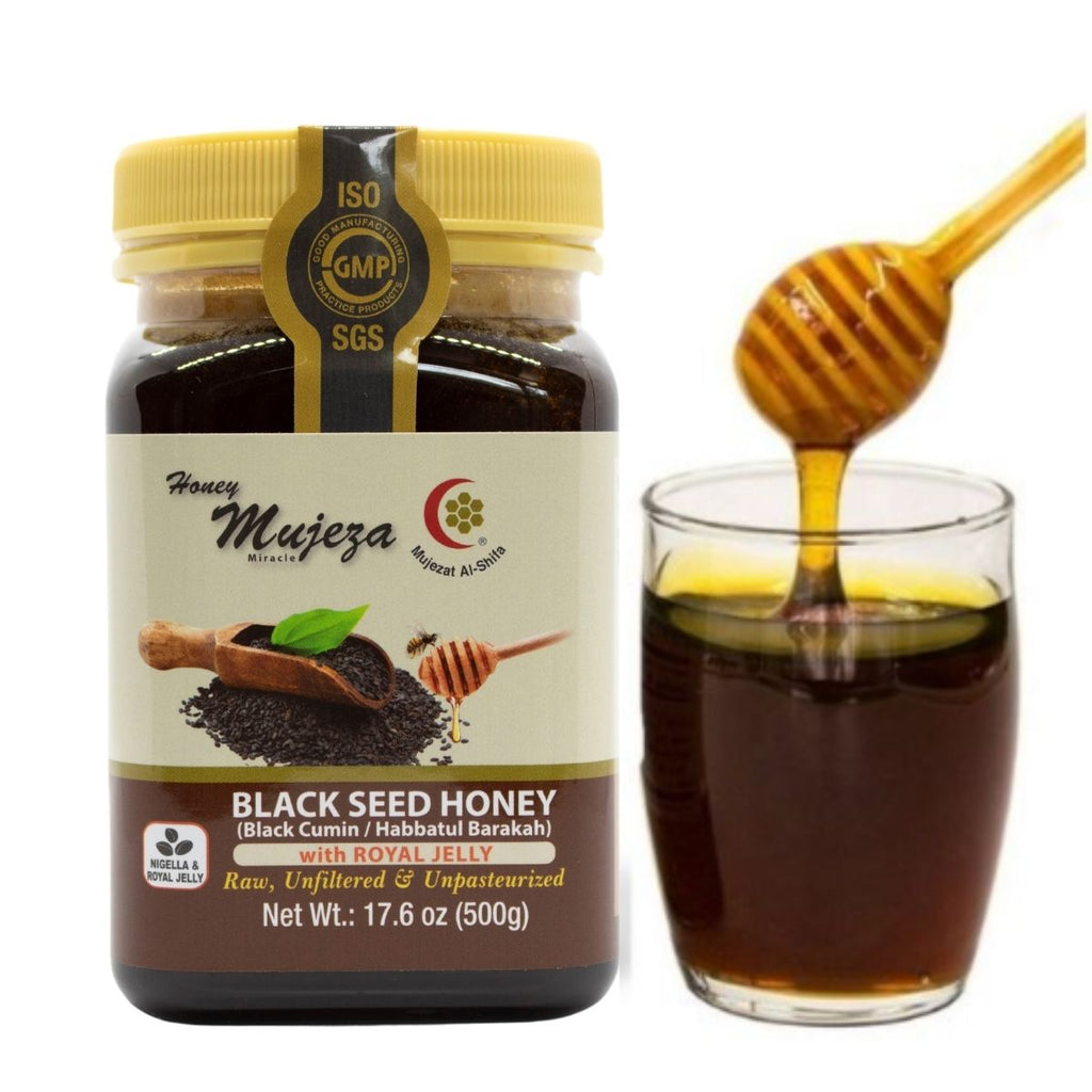 Black Seed Honey with Royal Jelly (500 g Jar) - عسل حبة البركة ( الحبة السوداء ) مع غذاء الملكات - Mujeza Honey