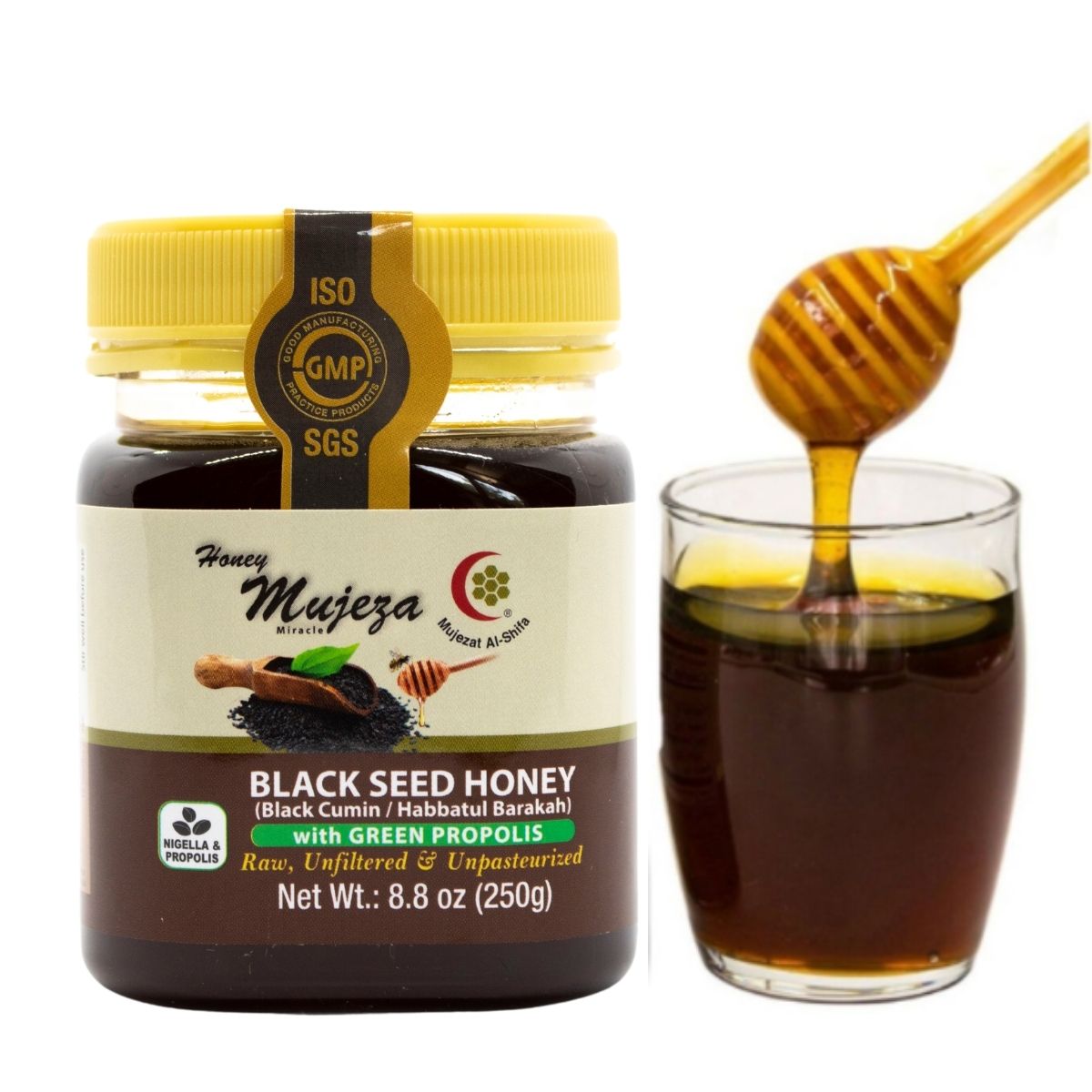 Black Seed Honey with Propolis (250 g Jar ) - (العكبر) عسل حبة البركة مع البروبوليس - Mujeza Honey
