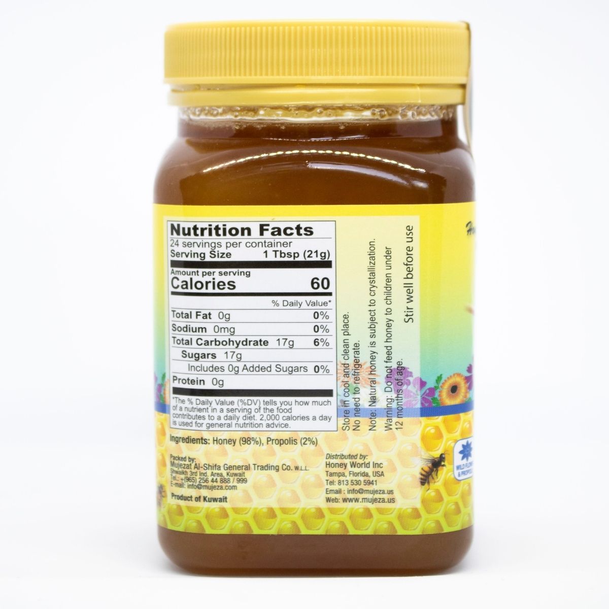 Ingredients of Wildflower Honey with Propolis (500 grams jar) - عسل الزهور البرية مع البروبوليس (العكبر) - Mujeza Honey